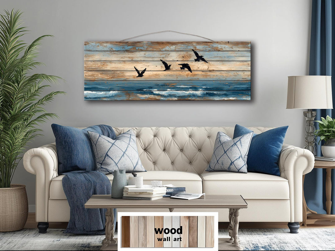 Sea Birds Over Ocean Distressed Horizontal Coastal Wood Wall Art
