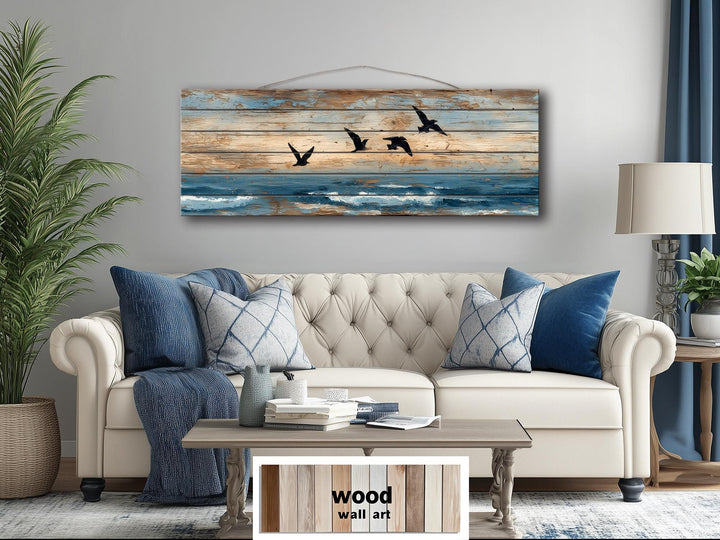 Sea Birds Over Ocean Distressed Horizontal Coastal Wood Wall Art