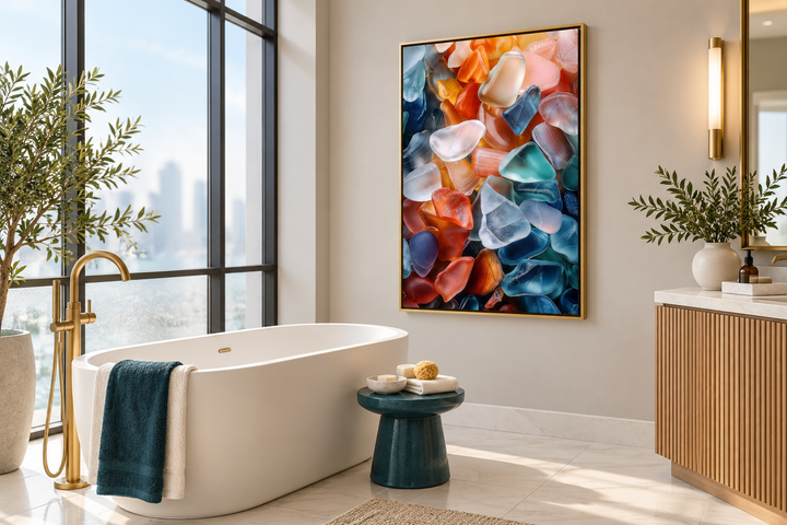 Vertical sea glass abstract painting in a gold frame hanging in a modern coastal bathroom.