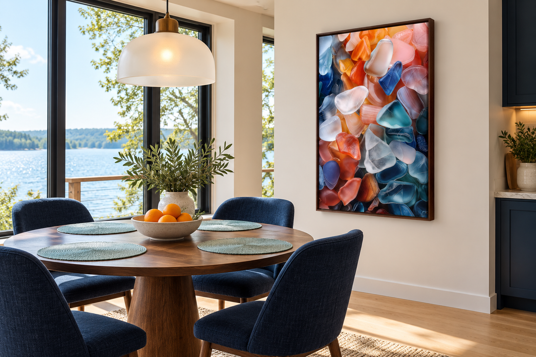 Vertical sea glass abstract painting in a walnut frame hanging in a modern coastal dining room.