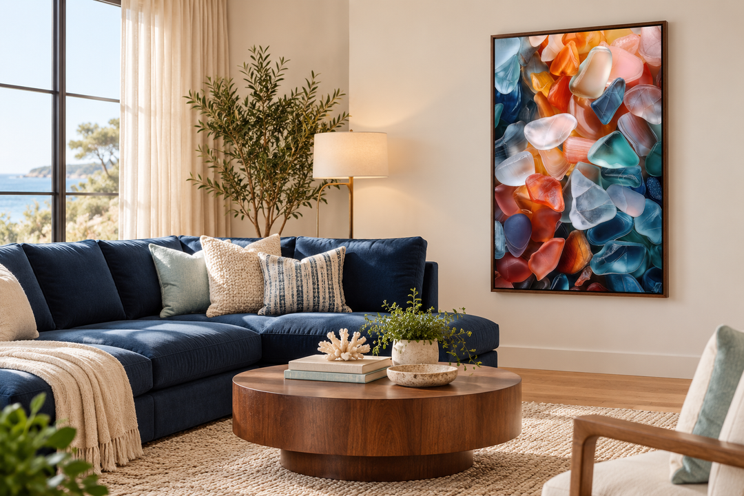 Vertical sea glass painting in a walnut frame hanging in a coastal living room with a blue sofa.