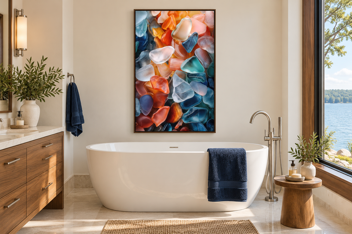 Vertical sea glass abstract painting in a walnut frame hanging above a white bathtub.