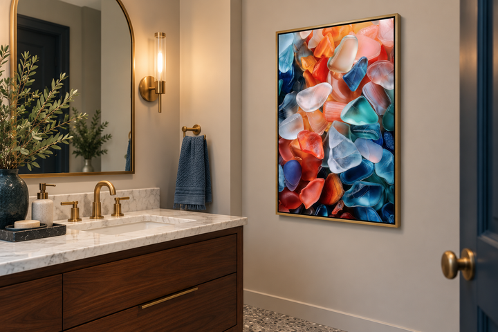Vertical sea glass painting in a gold frame hanging in a modern bathroom with a wood vanity.