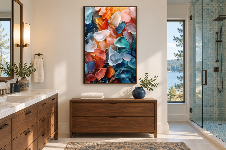 Vertical sea glass abstract wall art in a walnut frame hanging in a modern coastal bathroom.