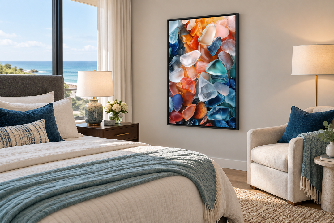 Vertical sea glass painting in a black frame hanging in a modern coastal bedroom.