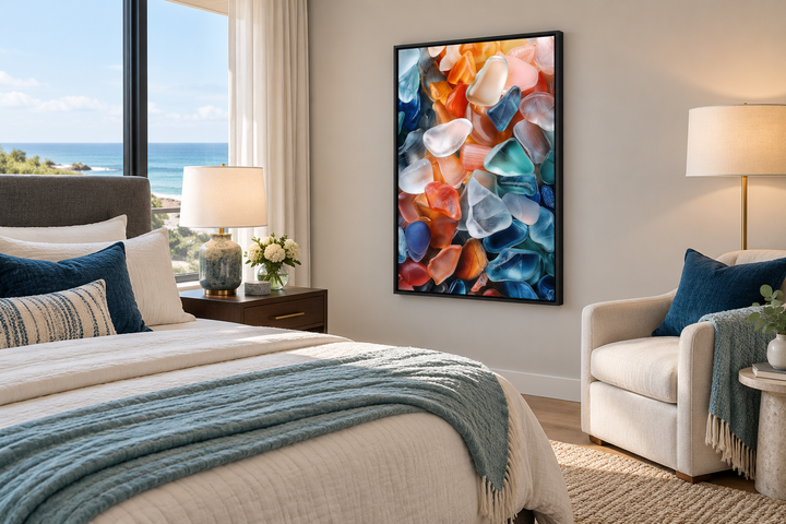 Vertical sea glass painting in a black frame hanging in a modern coastal bedroom.