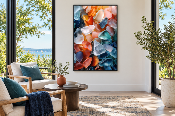 Vertical abstract sea glass wall art in a black frame, hanging in a bright coastal sunroom.