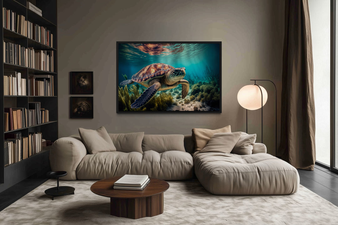 Sea turtle swimming over a coral reef underwater canvas wall art in a modern living room.