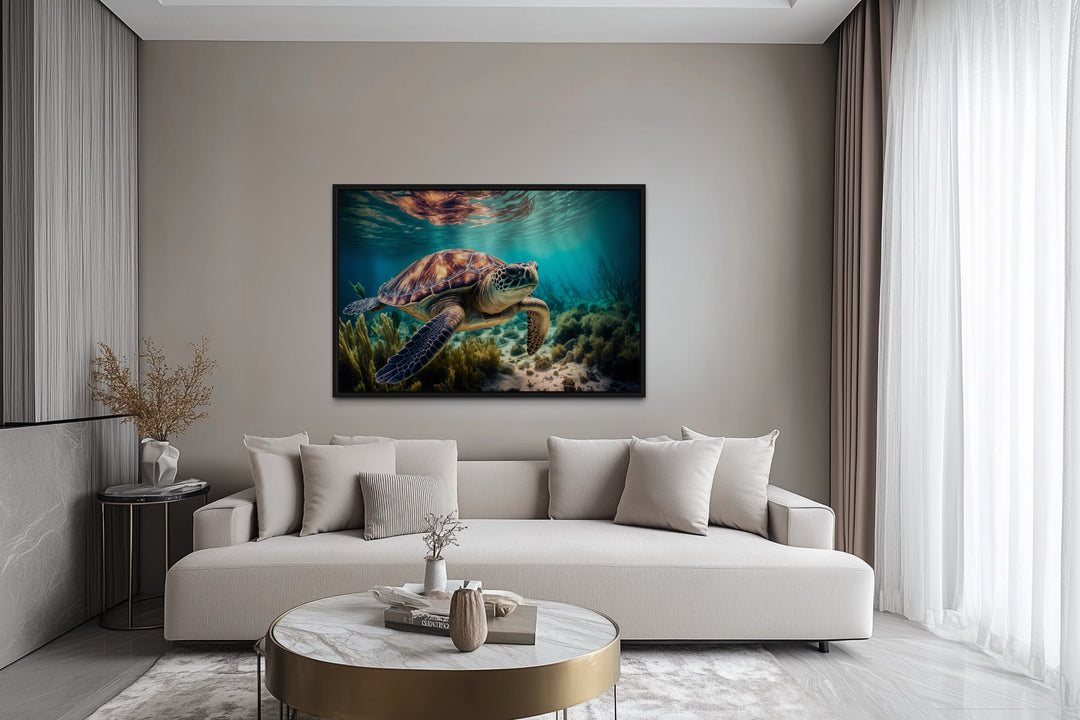 Sea turtle swimming over a coral reef underwater canvas wall art above a modern sofa.