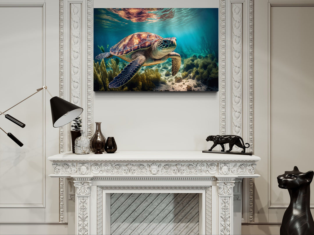 Sea Turtle In Coral Reef Underwater Canvas Wall Art