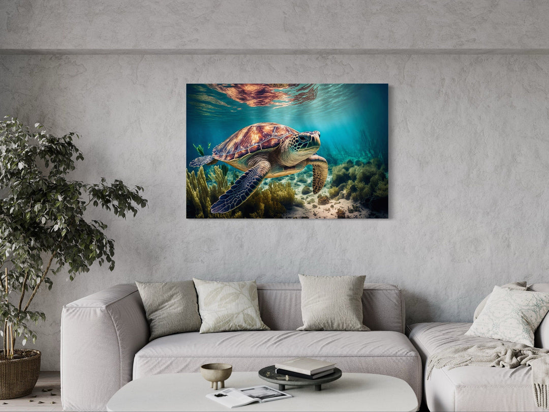 Sea Turtle In Coral Reef Underwater Canvas Wall Art