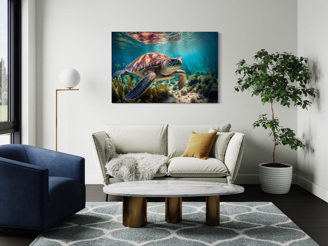 Sea Turtle In Coral Reef Underwater Canvas Wall Art