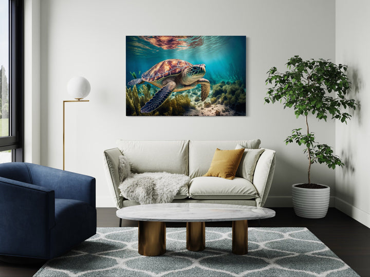 Sea Turtle In Coral Reef Underwater Canvas Wall Art