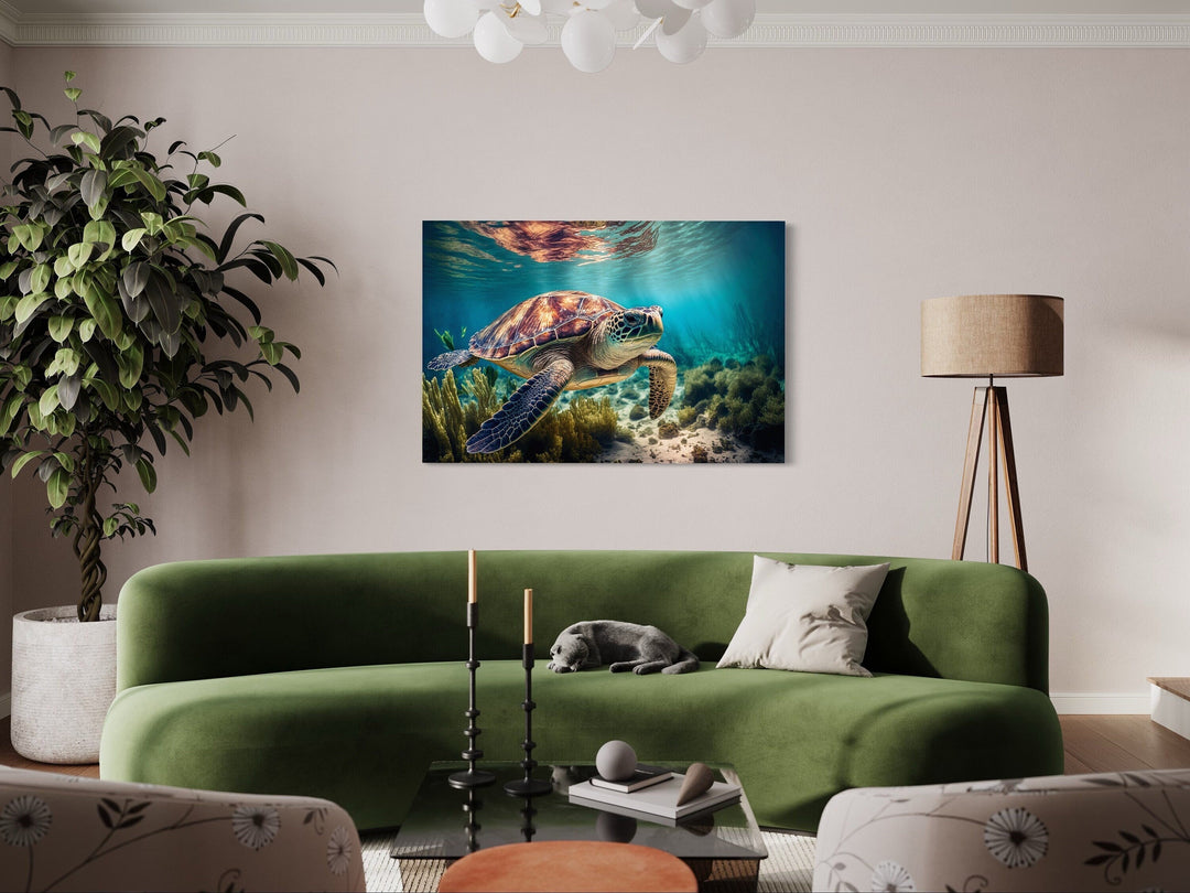 Sea turtle swimming over a vibrant coral reef on a canvas wall art above a green sofa.