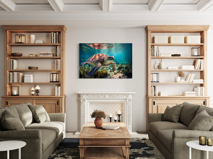 Sea Turtle In Coral Reef Underwater Canvas Wall Art