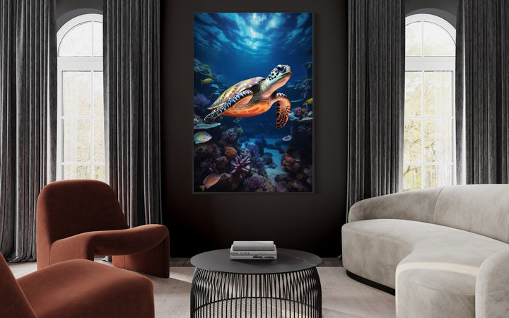 Sea Turtle Underwater Photograph Framed Canvas Wall Art