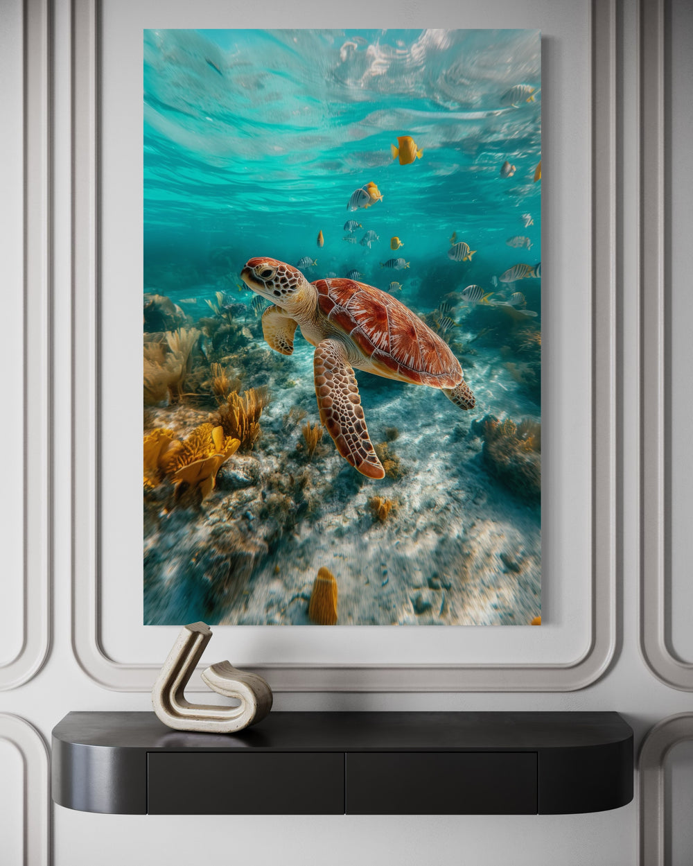 Sea Turtle Underwater Photograph Framed Canvas Wall Art
