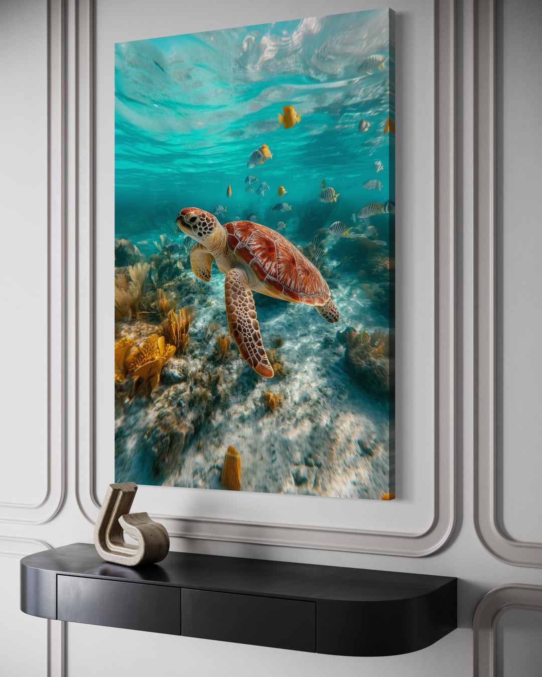 Sea Turtle Underwater Photograph Framed Canvas Wall Art