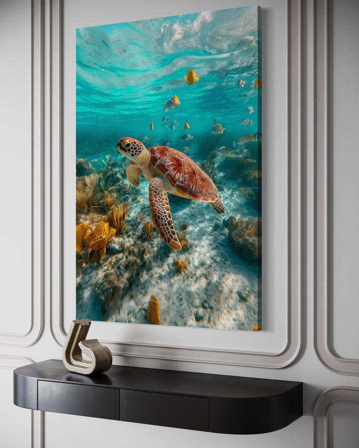 Sea Turtle Underwater Photograph Framed Canvas Wall Art