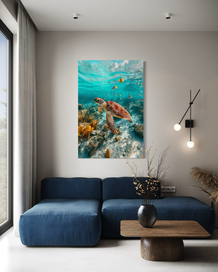 Sea Turtle Underwater Photograph Framed Canvas Wall Art
