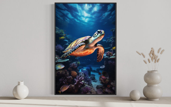 Sea Turtle Underwater Photograph Framed Canvas Wall Art