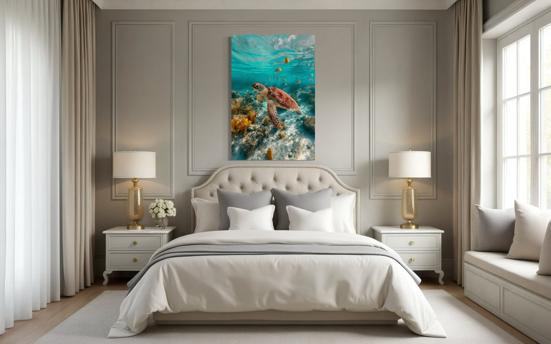 Sea Turtle Underwater Photograph Framed Canvas Wall Art