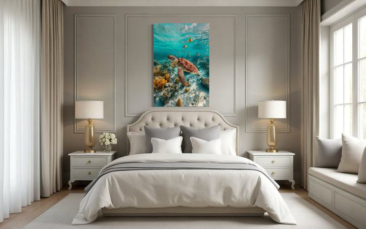 Sea Turtle Underwater Photograph Framed Canvas Wall Art