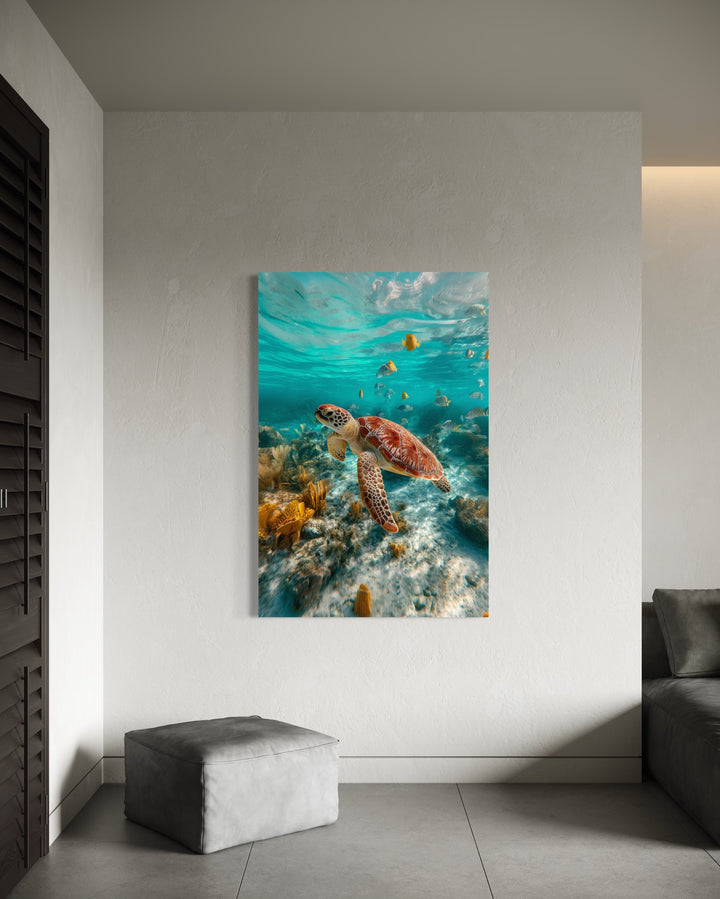 Sea Turtle Underwater Photograph Framed Canvas Wall Art