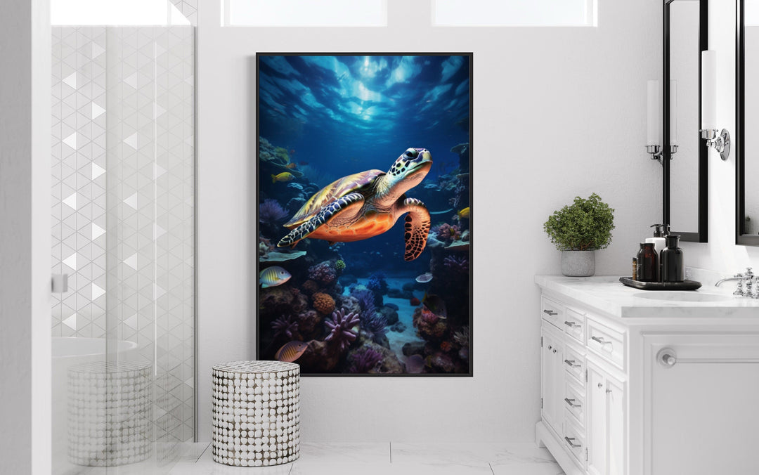 Sea Turtle Underwater Photograph Framed Canvas Wall Art