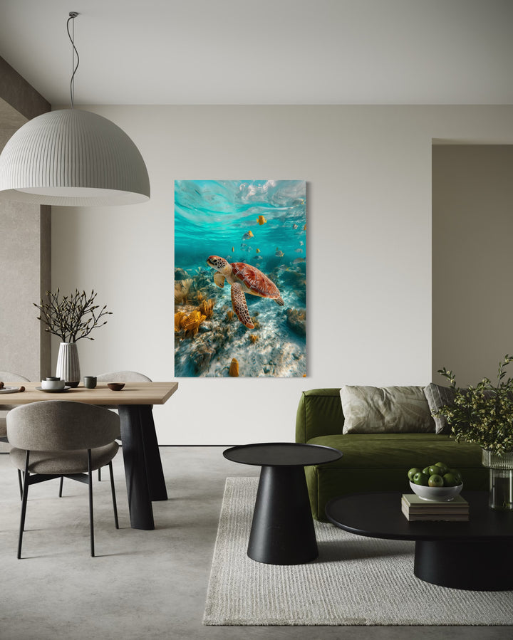 Sea Turtle Underwater Photograph Framed Canvas Wall Art