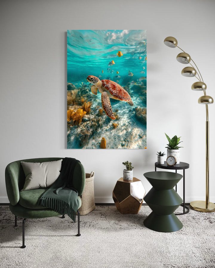Sea Turtle Underwater Photograph Framed Canvas Wall Art