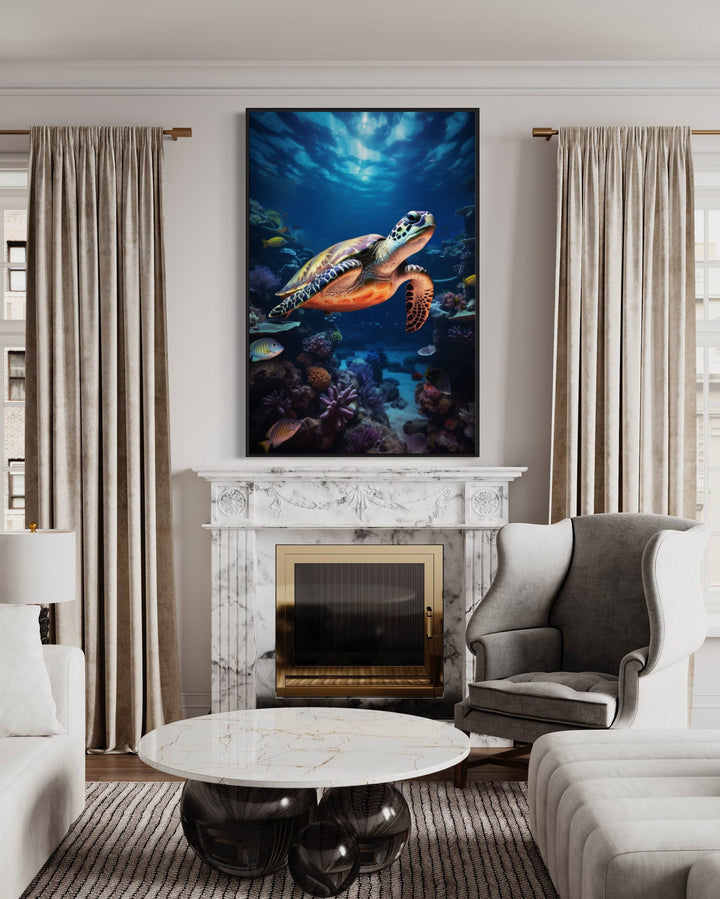 Sea Turtle Underwater Photograph Framed Canvas Wall Art