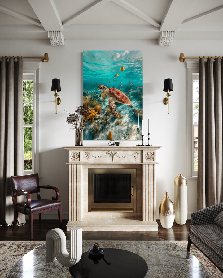 Sea Turtle Underwater Photograph Framed Canvas Wall Art
