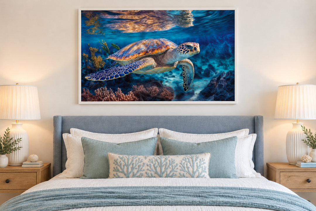 Sea turtle framed canvas wall art above a bed in a coastal-themed bedroom.