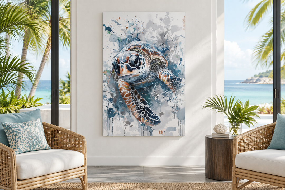 Blue Sea Turtle Beach House Framed Canvas Wall Art in a coastal sunroom with ocean views.