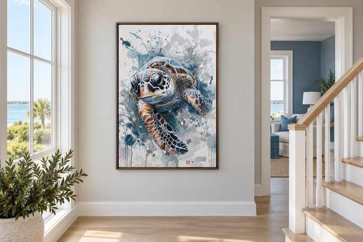 Blue sea turtle framed canvas wall art in a watercolor style hanging in a coastal home hallway.