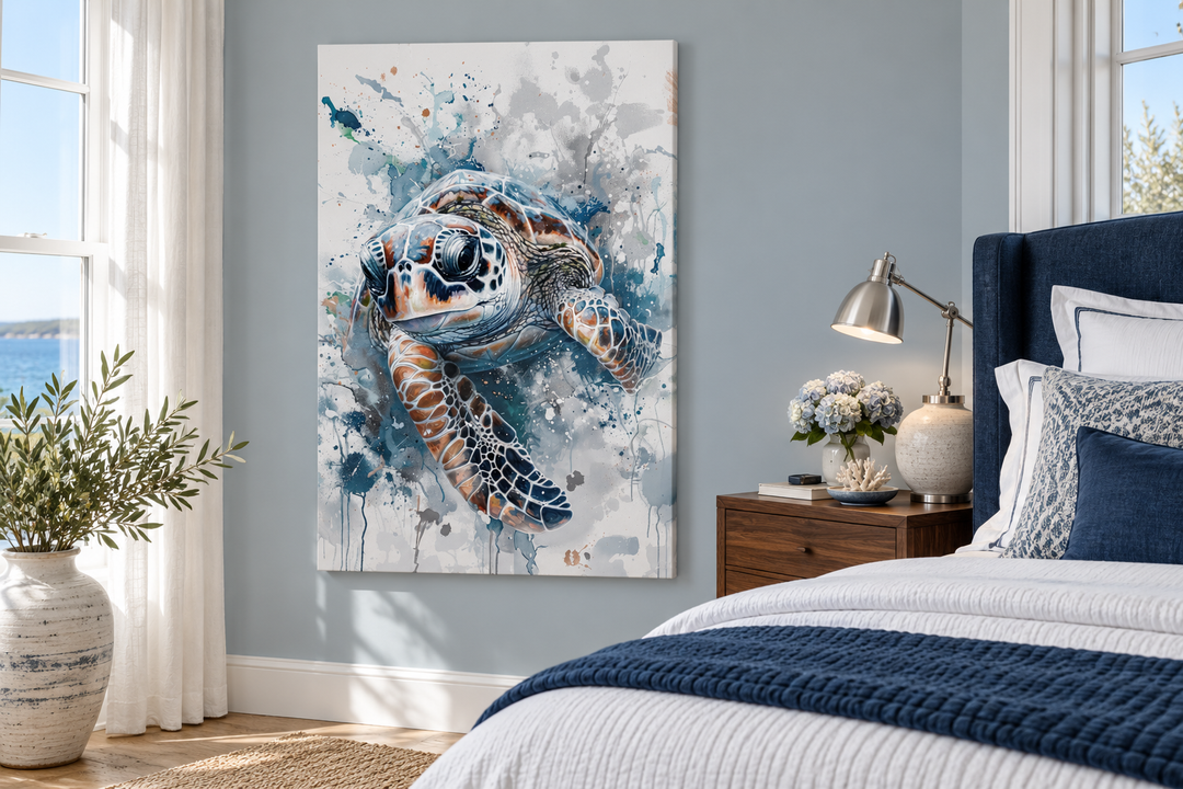 Blue Sea Turtle Beach House Framed Canvas Wall Art hanging in a coastal-themed bedroom.