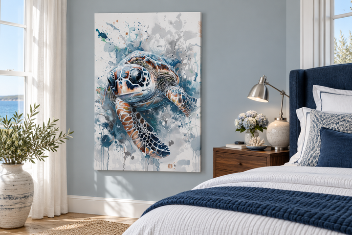 Blue Sea Turtle Beach House Framed Canvas Wall Art hanging in a coastal-themed bedroom.