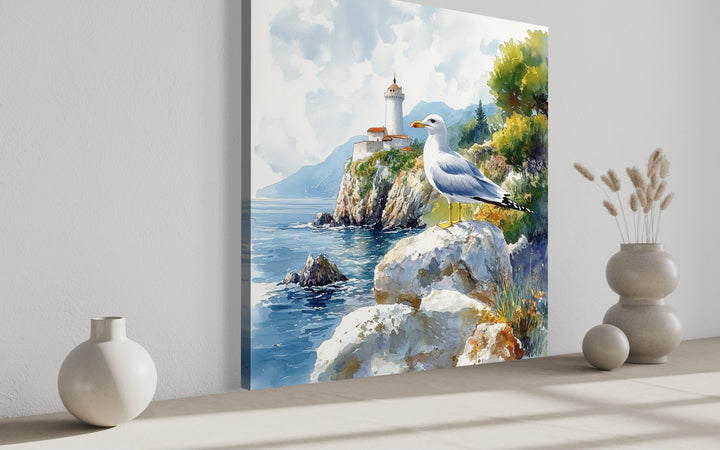 Seagull And Lighthouse Coastal Framed Canvas Wall Art