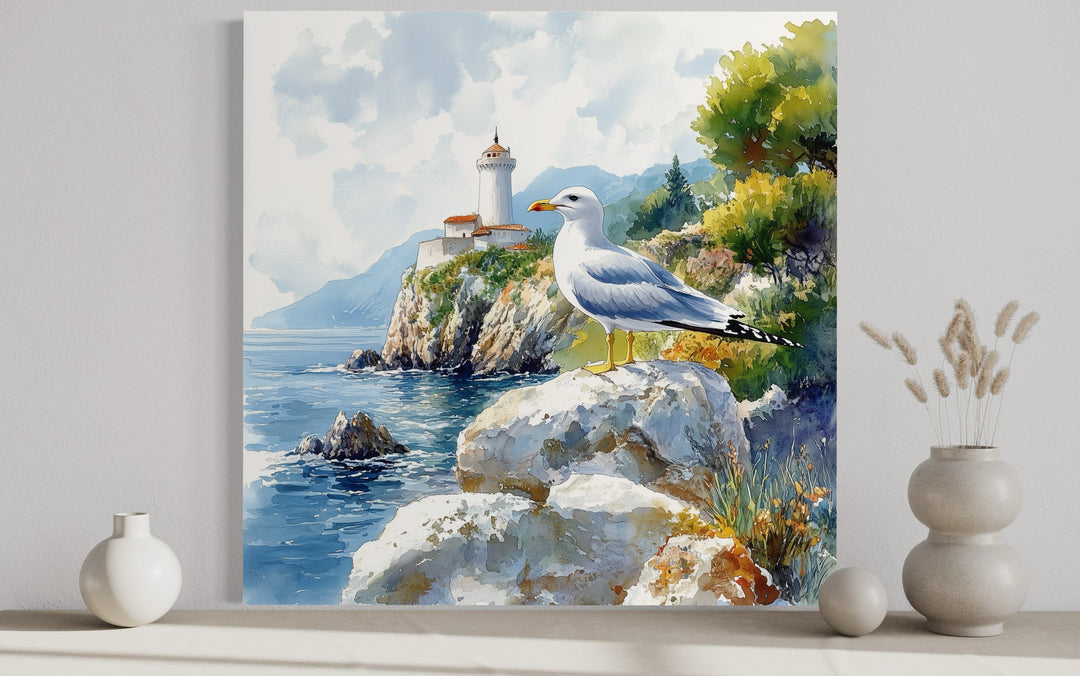 Seagull And Lighthouse Coastal Framed Canvas Wall Art