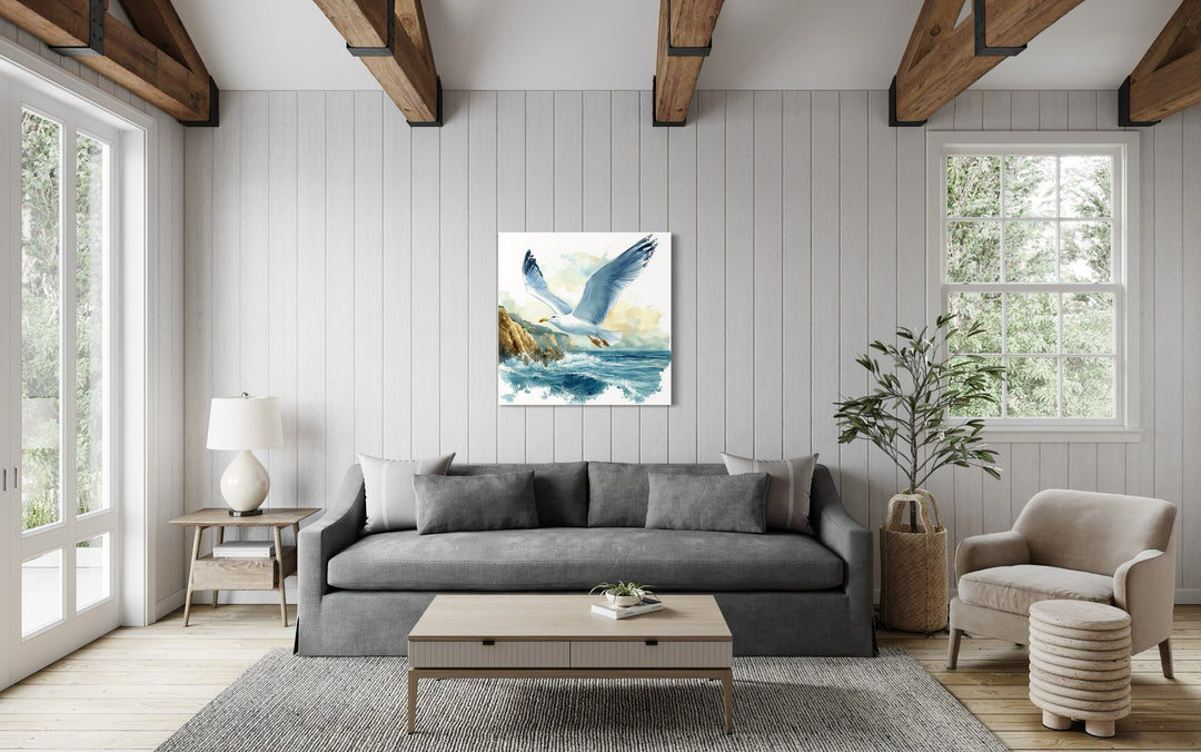 Seagull Flying Over Ocean Waves Framed Canvas Wall Art