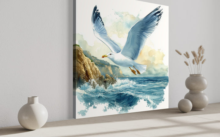 Seagull Flying Over Ocean Waves Framed Canvas Wall Art