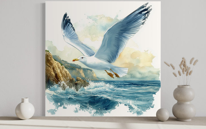 Seagull Flying Over Ocean Waves Framed Canvas Wall Art