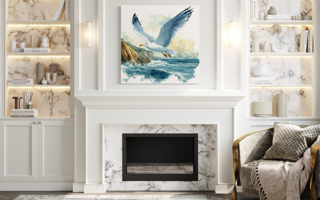 Seagull Flying Over Ocean Waves Framed Canvas Wall Art