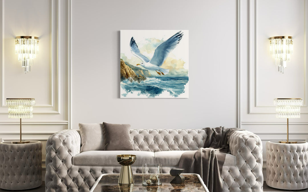 Seagull Flying Over Ocean Waves Framed Canvas Wall Art