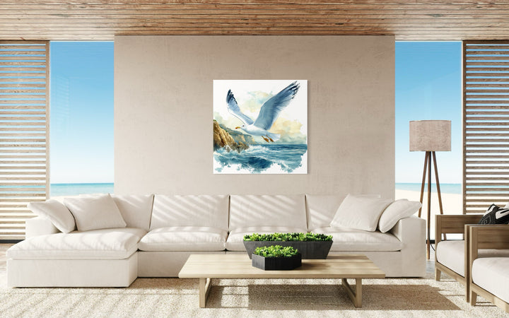 Seagull Flying Over Ocean Waves Framed Canvas Wall Art