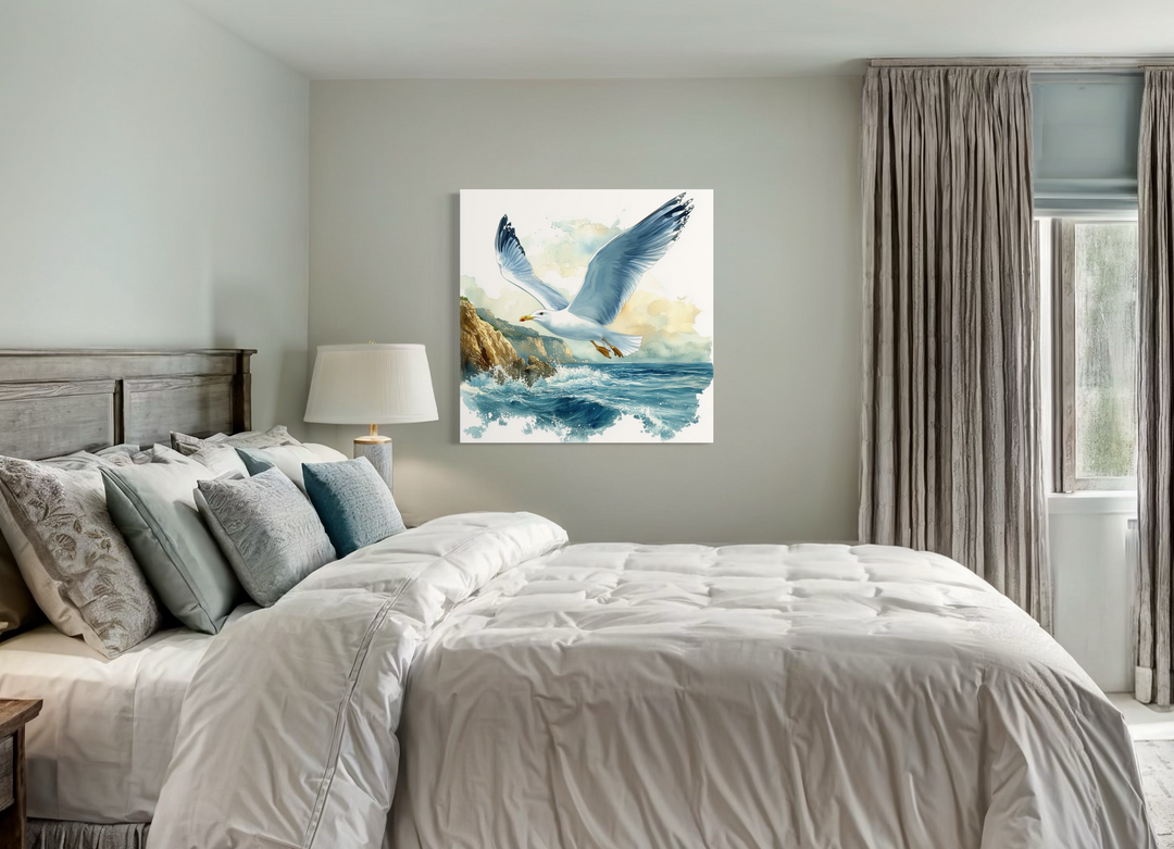 Seagull Flying Over Ocean Waves Framed Canvas Wall Art