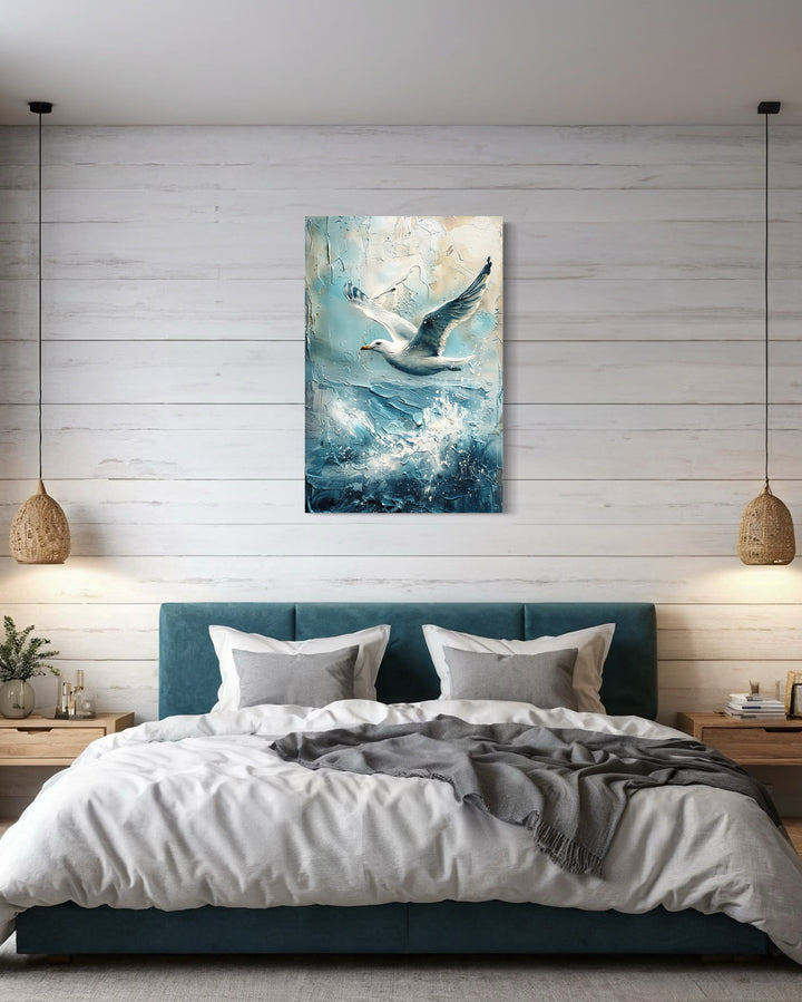 Seagull Over Ocean Wave Coastal Framed Canvas Wall Art