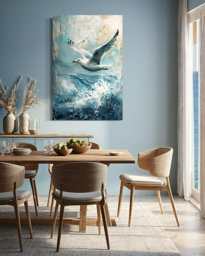 Seagull Over Ocean Wave Coastal Framed Canvas Wall Art