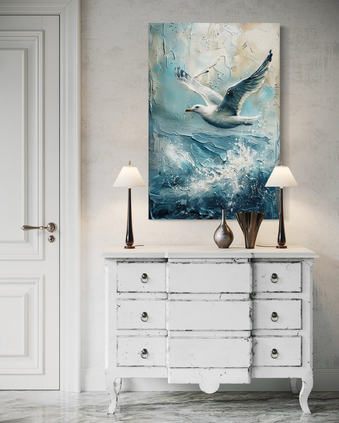 Seagull Over Ocean Wave Coastal Framed Canvas Wall Art